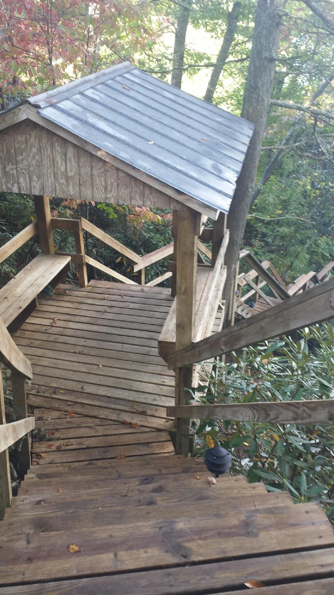 Metal roofed shelter over wooden steps on a wooded walkway — Skylight Repair & Installation work by our crew in Tylertown